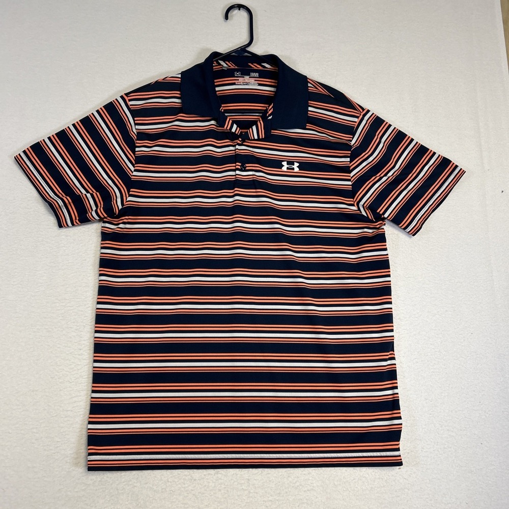 Under Armour Golf Polo Shirt Mens Large Blue Orange Stripe HeatGear Short Sleeve